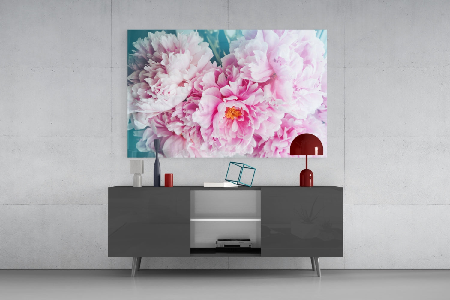 Pink Peony Bunch Teal Glass Wall Art
