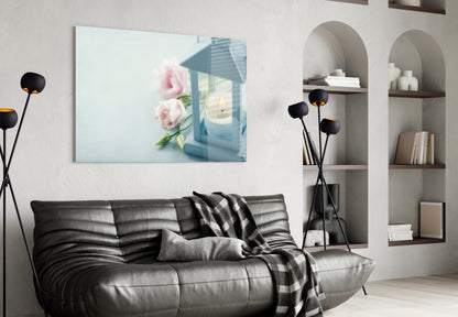 Candle &amp; Rose Glass Wall Art