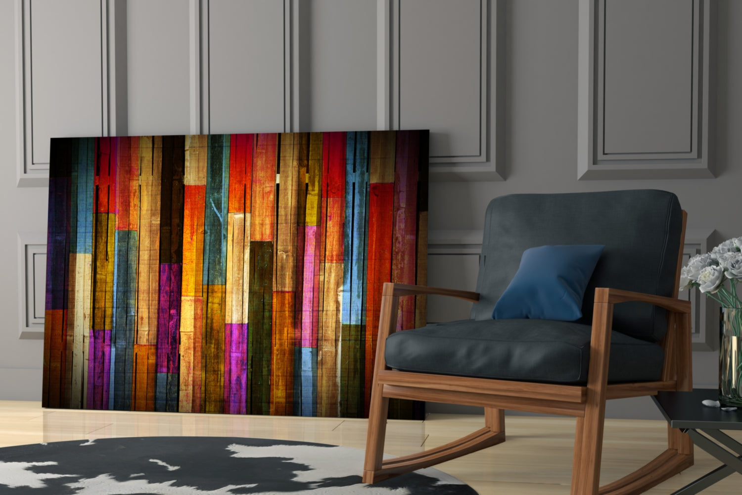 Vibrant Multicolor Wood Plank Stripes Glass Wall Art