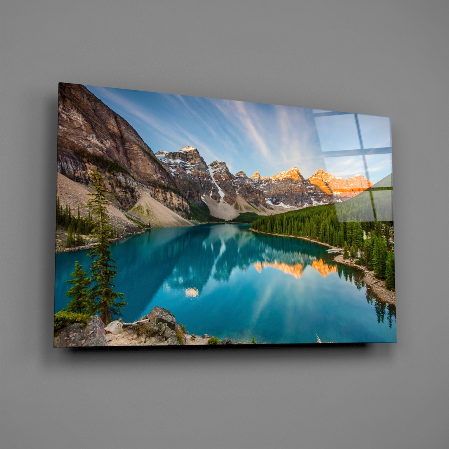 Turquoise Mountain Lake Sunrise Glass Wall Art