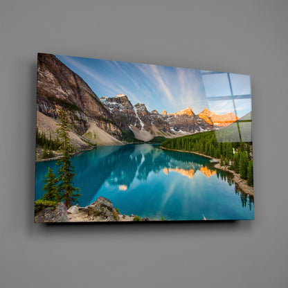 Turquoise Mountain Lake Sunrise Glass Wall Art