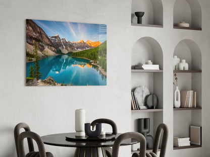 Turquoise Mountain Lake Sunrise Glass Wall Art