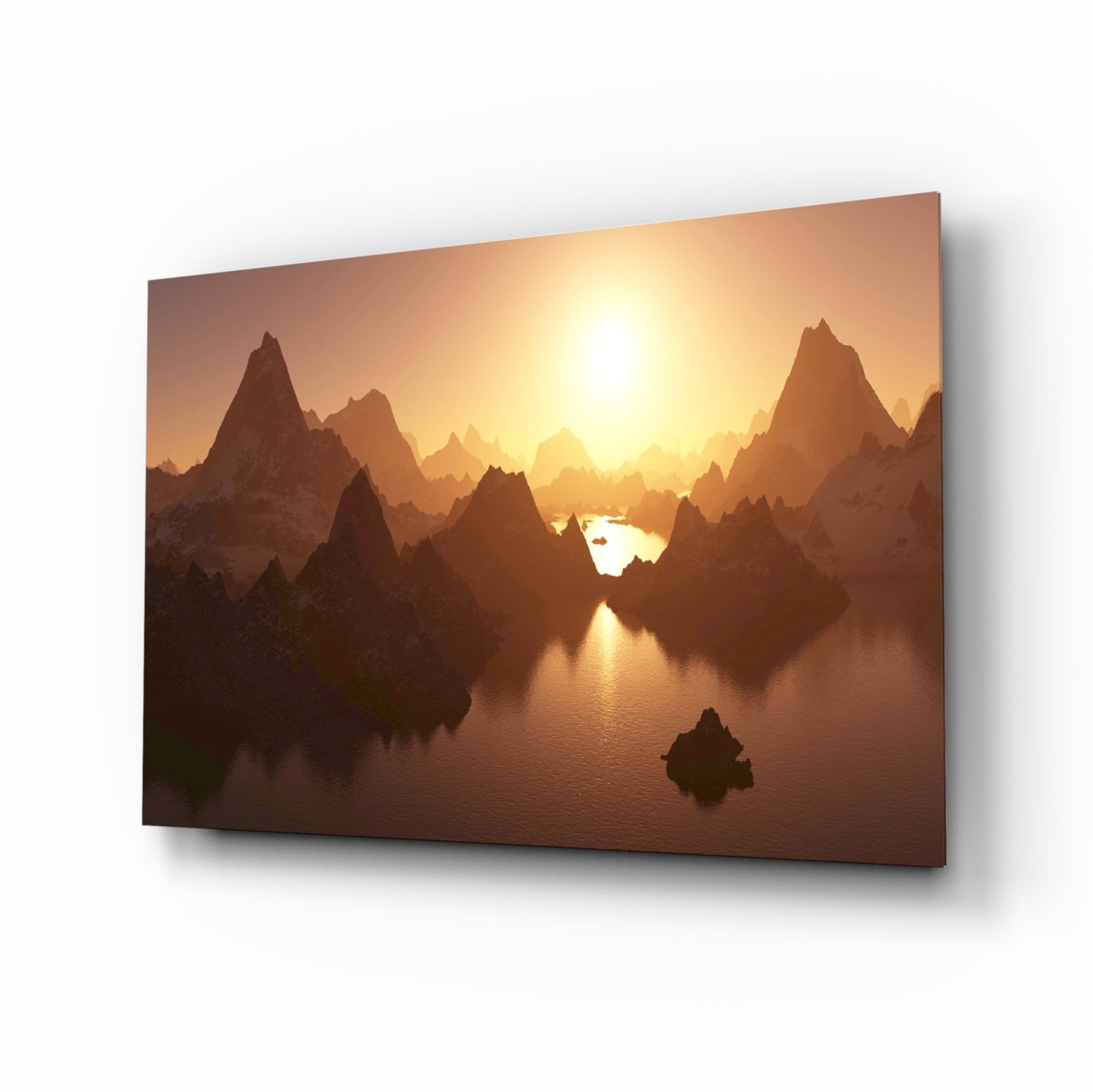 Amber Sunset Jagged Peaks Over Water Glass Wall Art