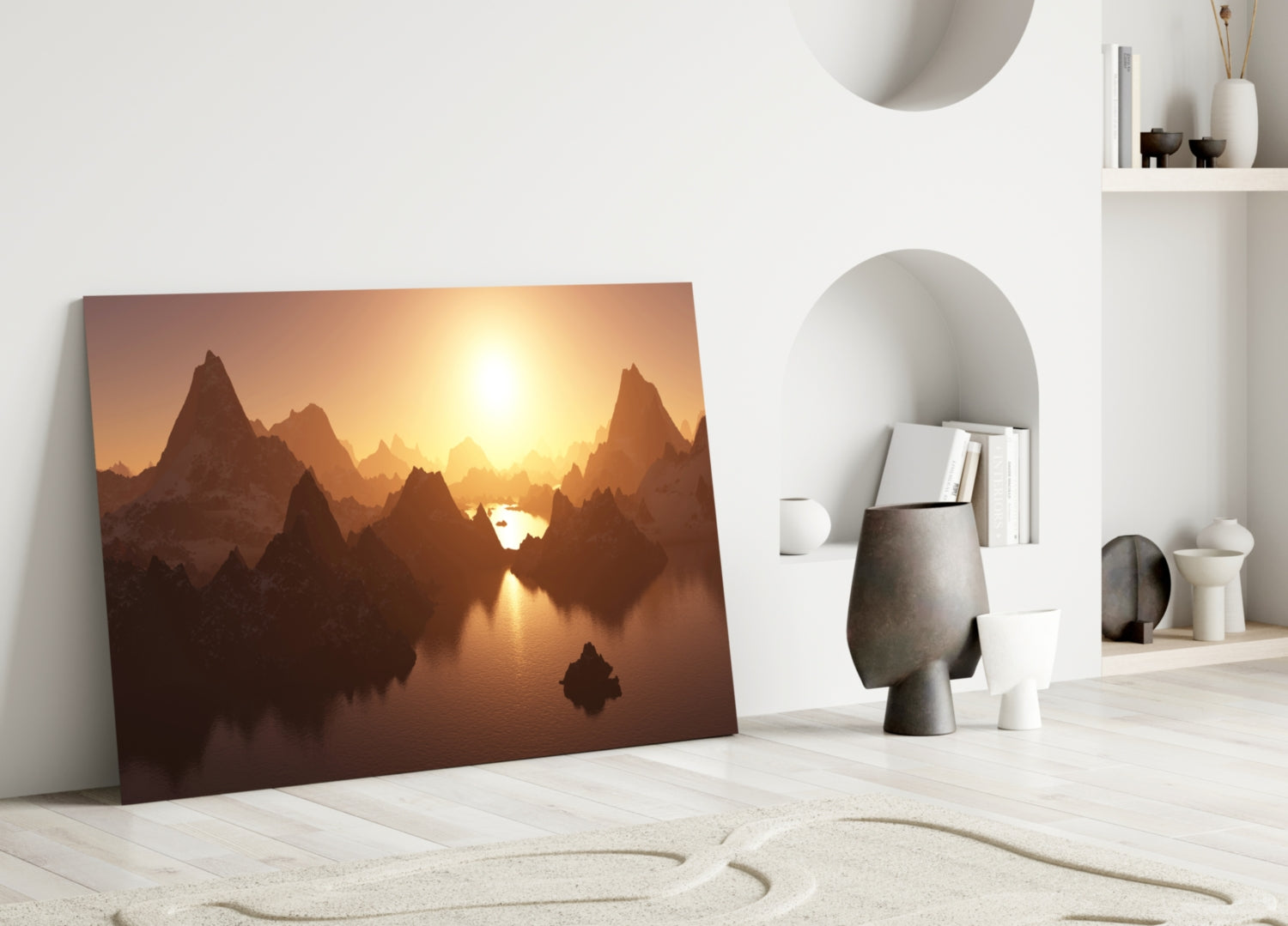 Amber Sunset Jagged Peaks Over Water Glass Wall Art
