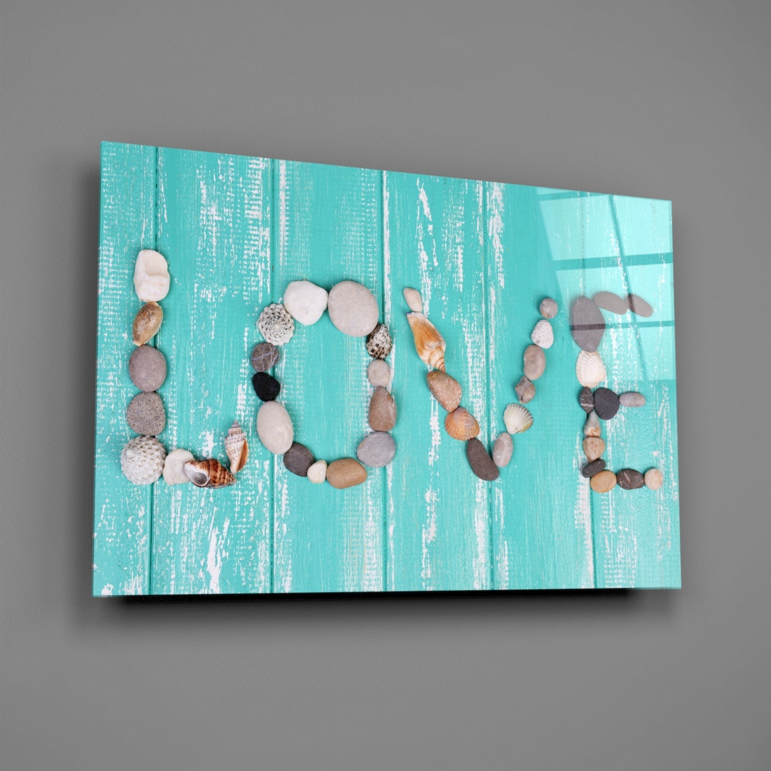 Pebble Love Letters On Turquoise Wood Glass Wall Art