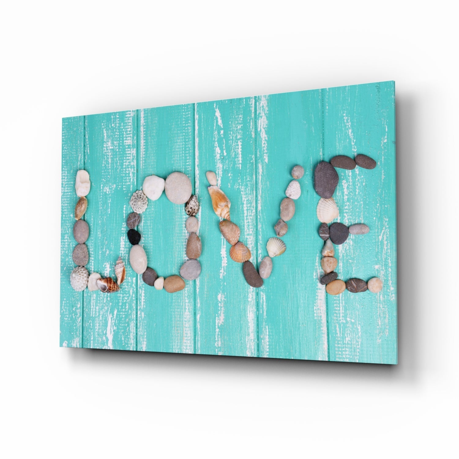 Pebble Love Letters On Turquoise Wood Glass Wall Art