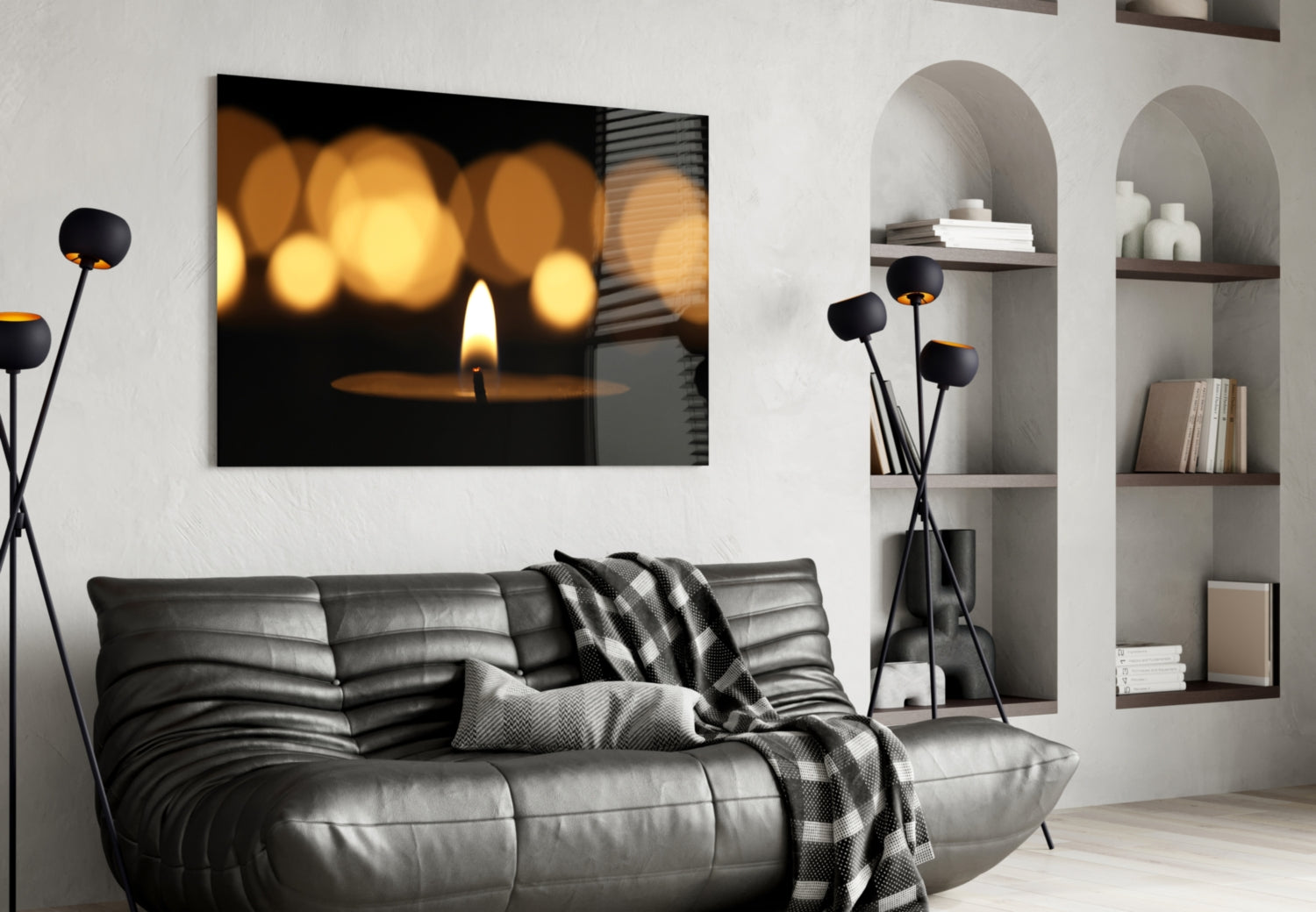 Single Flame With Golden Bokeh Glass Wall Art
