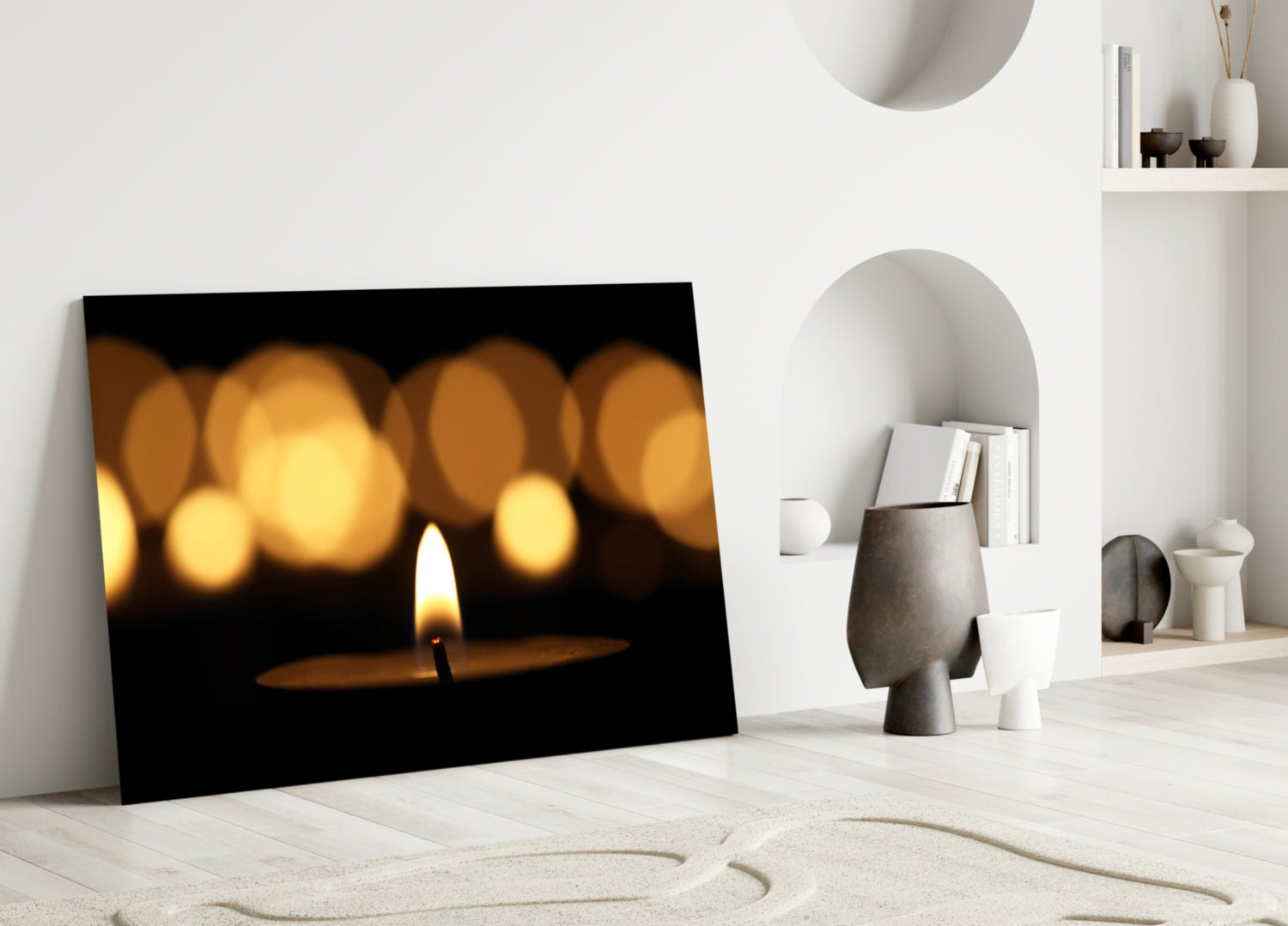 Single Flame With Golden Bokeh Glass Wall Art