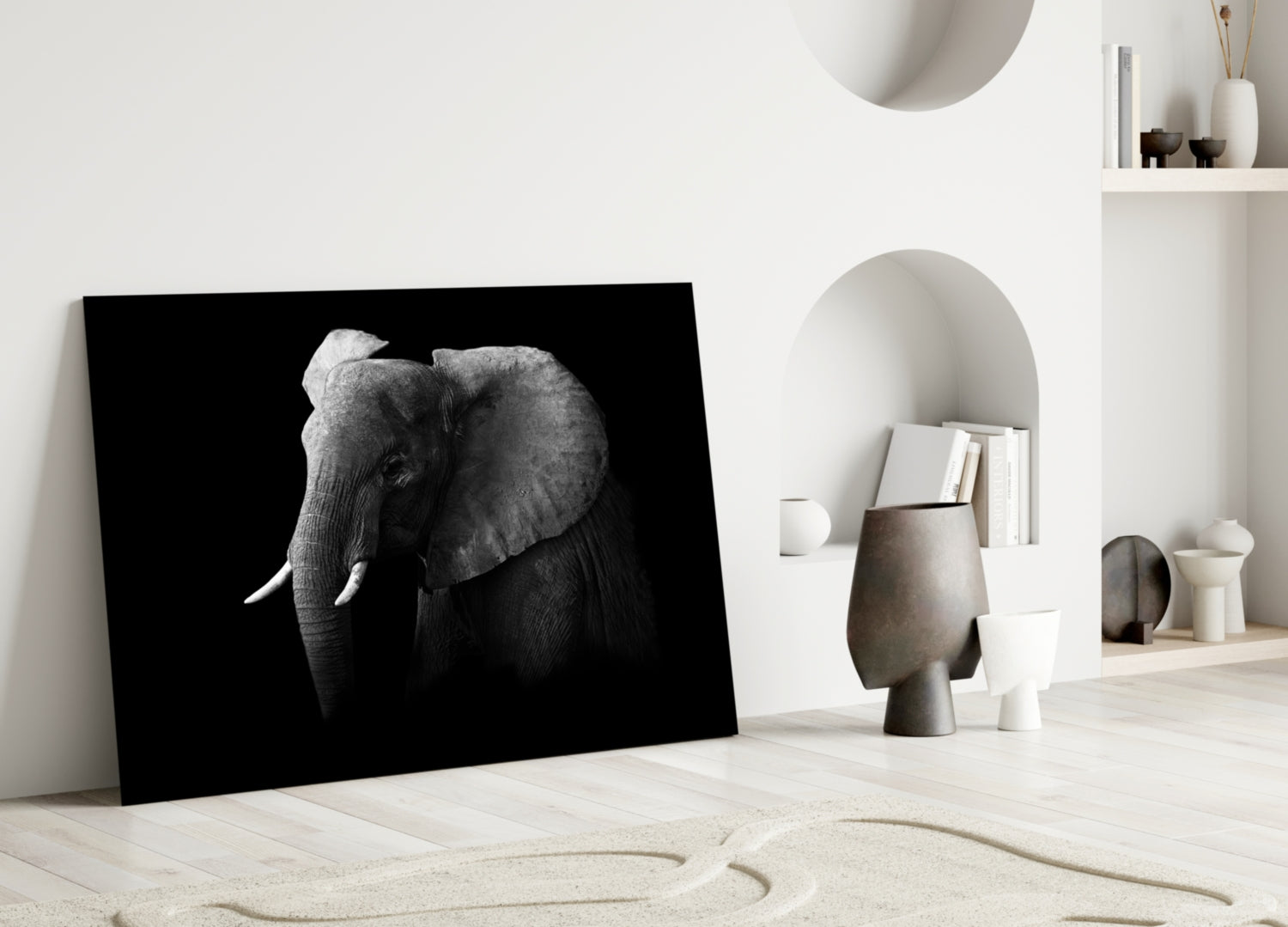 Ear Detail Black and White Elephant Glass Wall Art