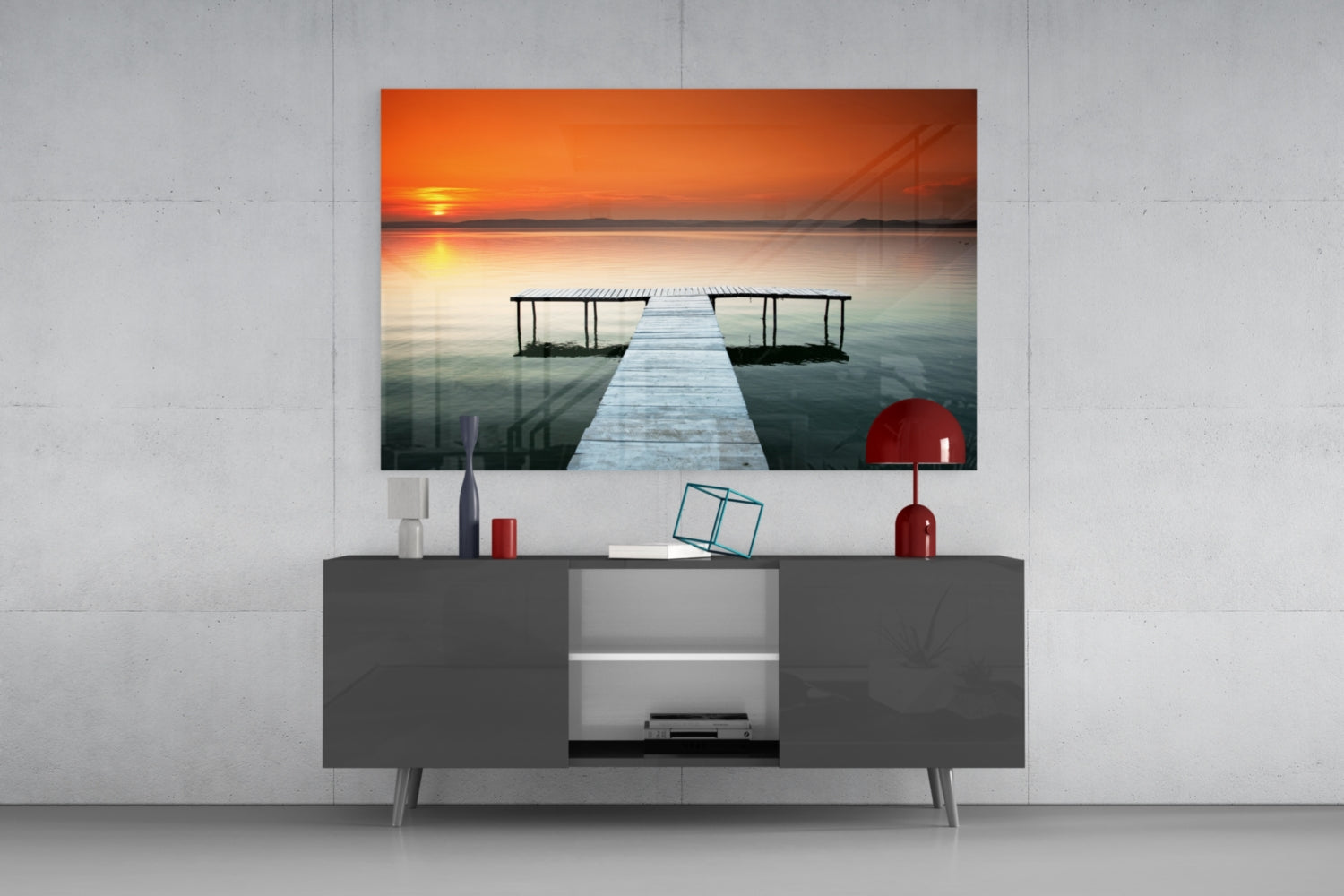 Orange Sunset Lake Swim Platform Glass Wall Art