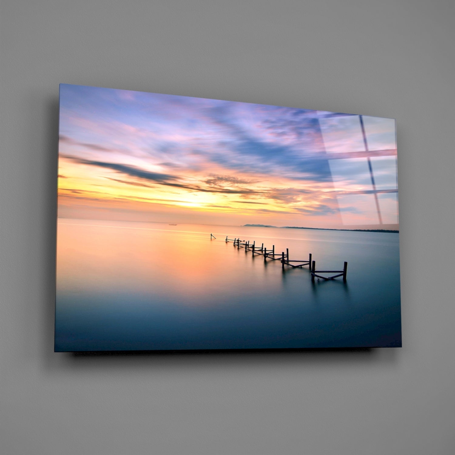 Purple Dusk Pier Posts Glass Wall Art