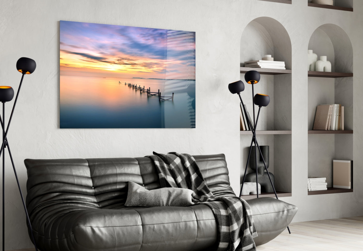 Purple Dusk Pier Posts Glass Wall Art