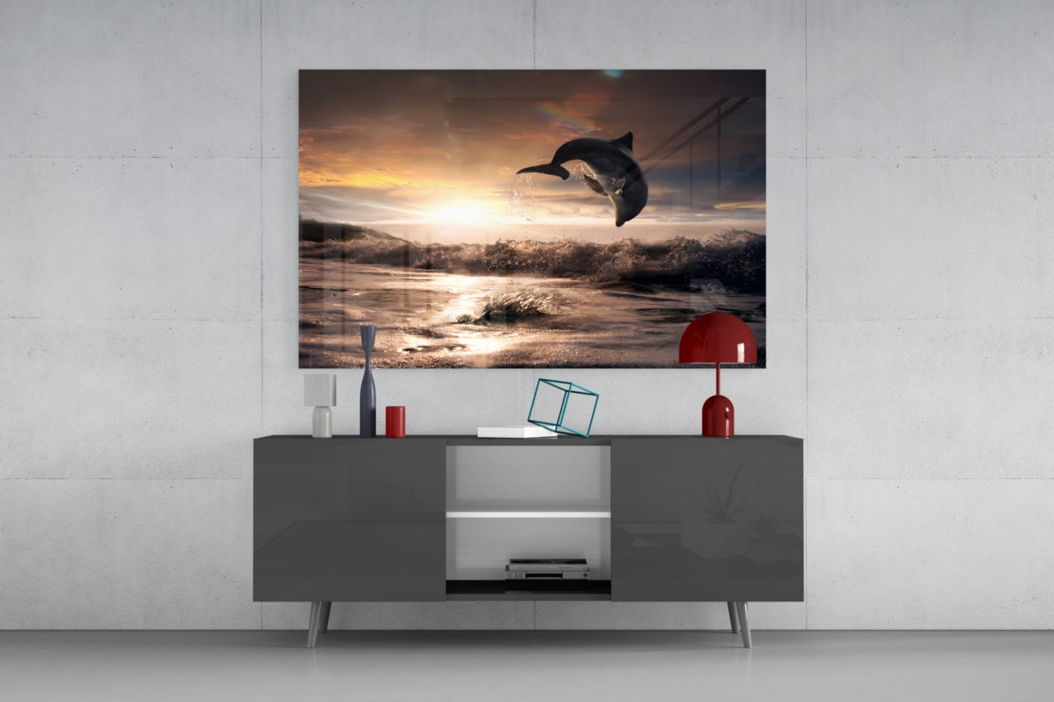 Leaping Dolphin Golden Sunset Glass Wall Art