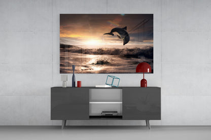 Leaping Dolphin Golden Sunset Glass Wall Art
