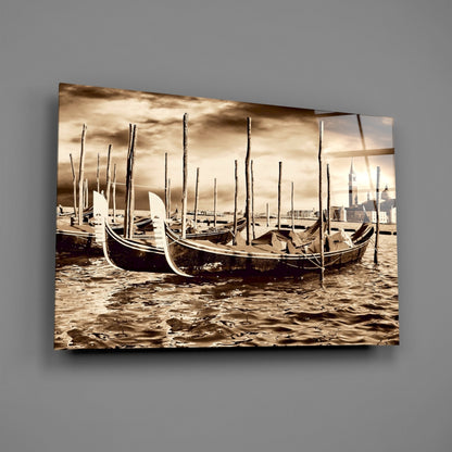 Sepia Moored Gondolas Skyline Glass Wall Art