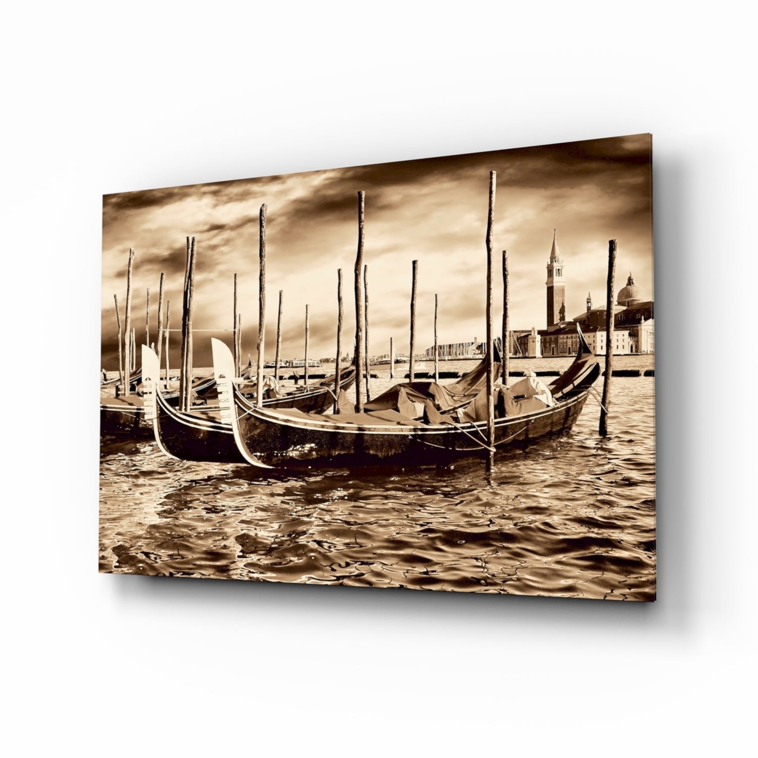 Sepia Moored Gondolas Skyline Glass Wall Art