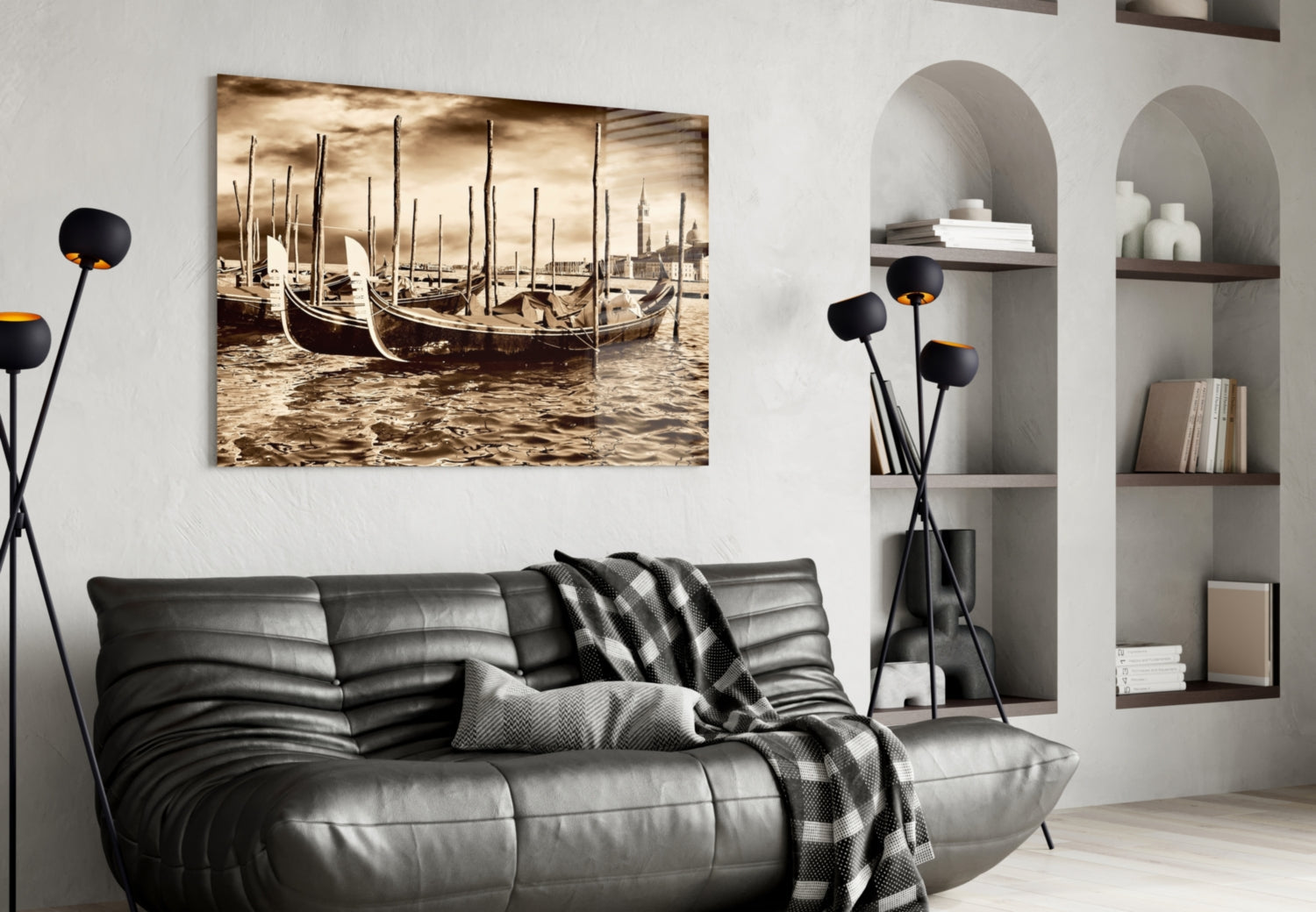Sepia Moored Gondolas Skyline Glass Wall Art