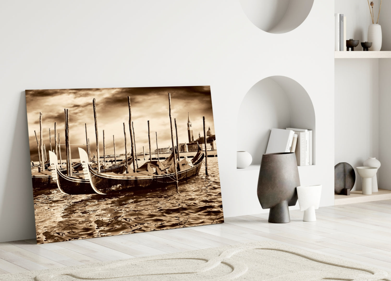 Sepia Moored Gondolas Skyline Glass Wall Art