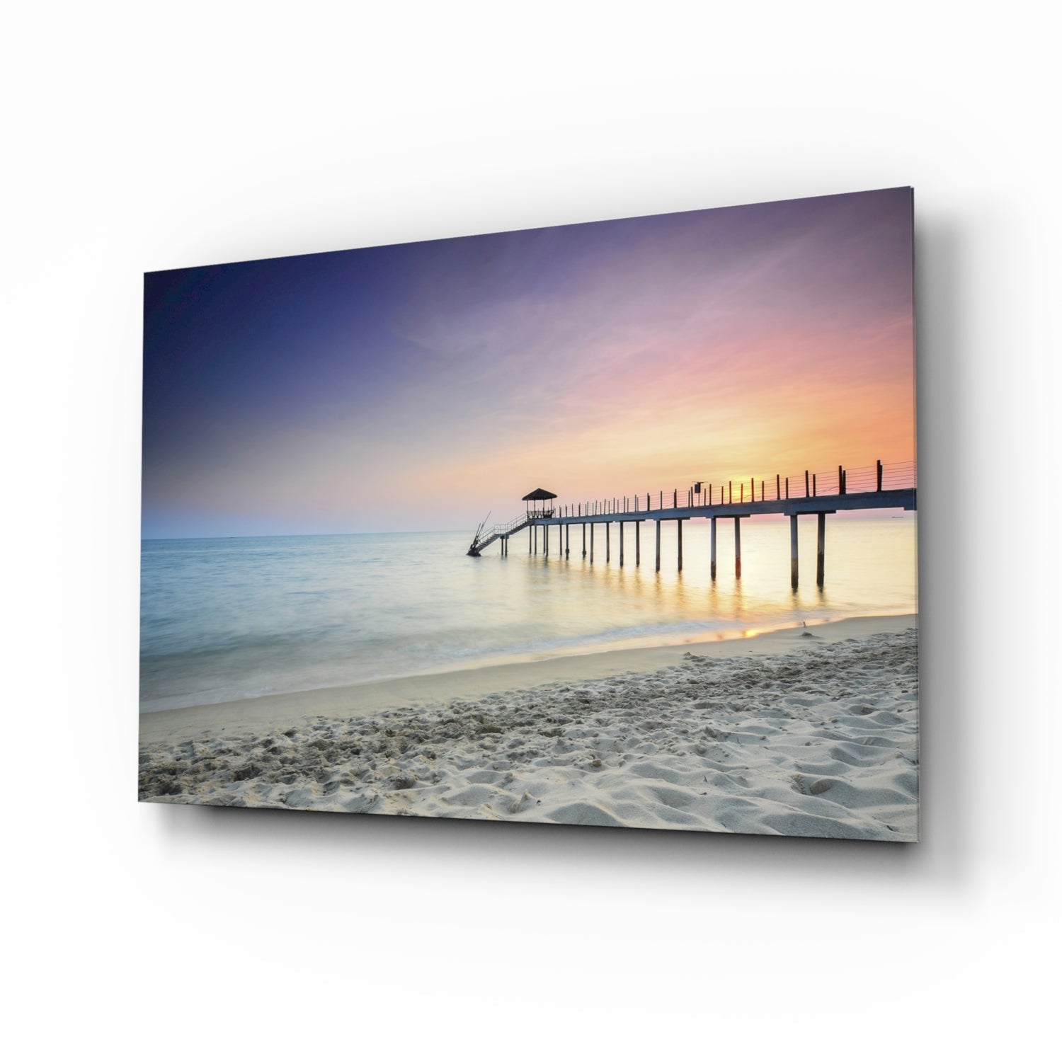 Pastel Dawn Sandy Beach Pier Glass Wall Art