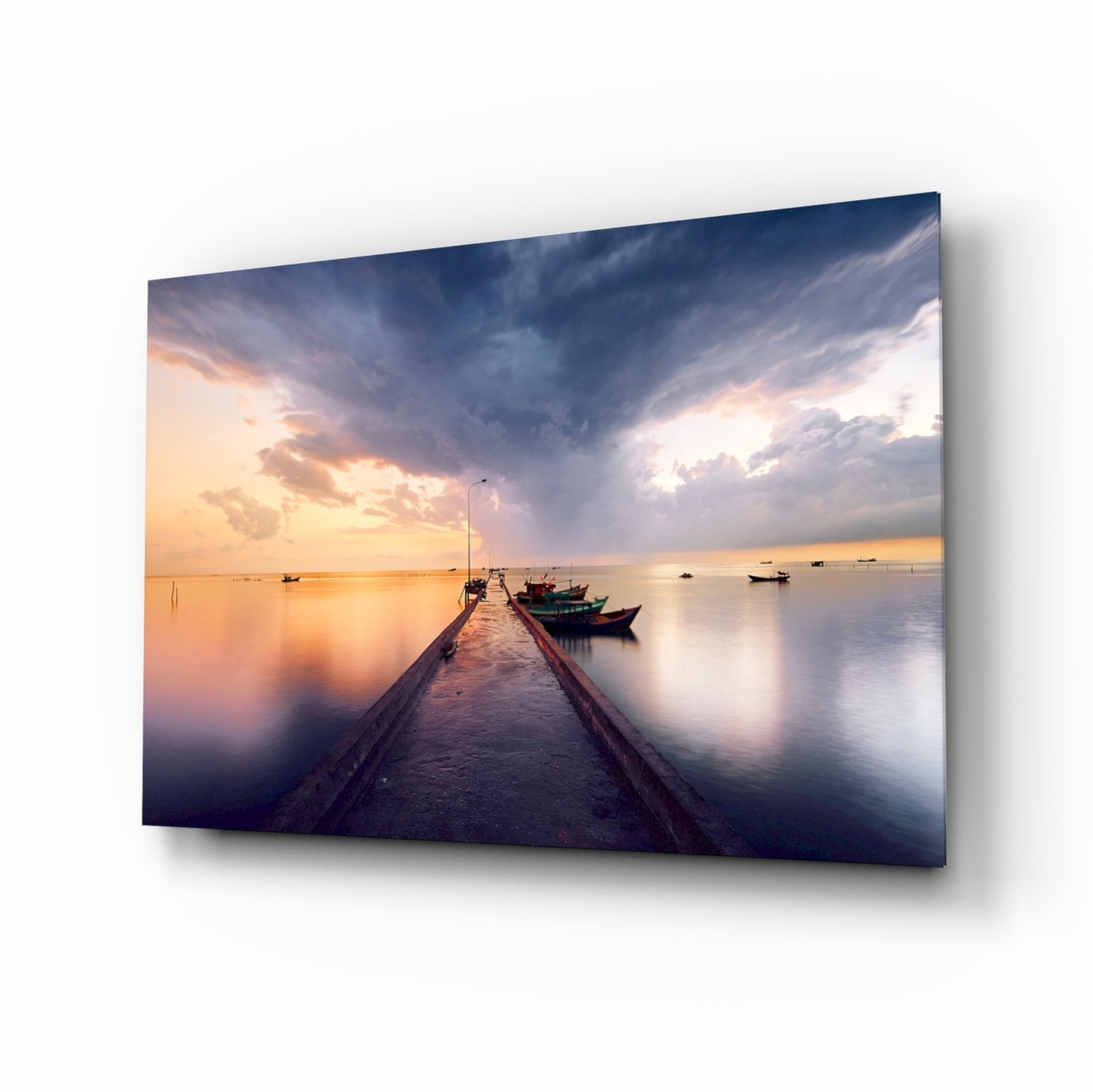 Stormy Sky Moored Fishing Boats Glass Wall Art
