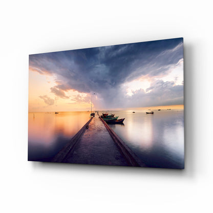 Stormy Sky Moored Fishing Boats Glass Wall Art