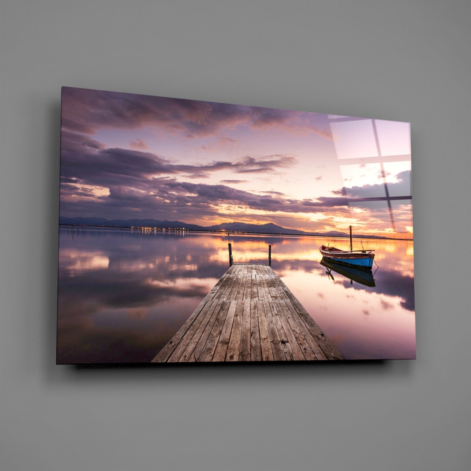 Violet Sunset Lone Boat Jetty Glass Wall Art