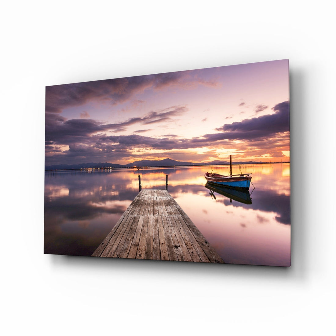 Violet Sunset Lone Boat Jetty Glass Wall Art