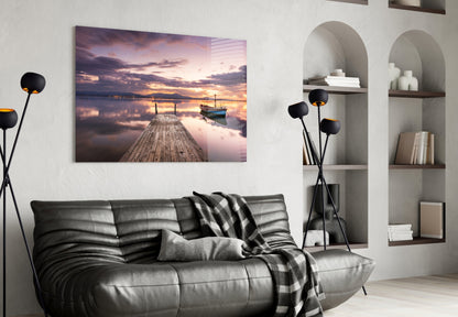 Violet Sunset Lone Boat Jetty Glass Wall Art