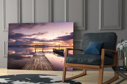 Violet Sunset Lone Boat Jetty Glass Wall Art