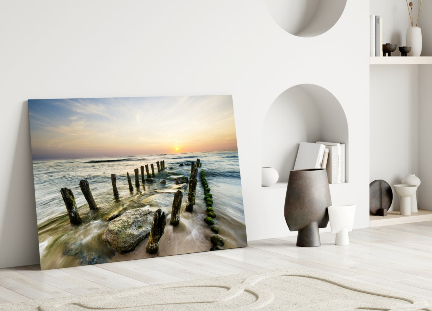 Weathered Groyne Posts Seascape Glass Wall Art
