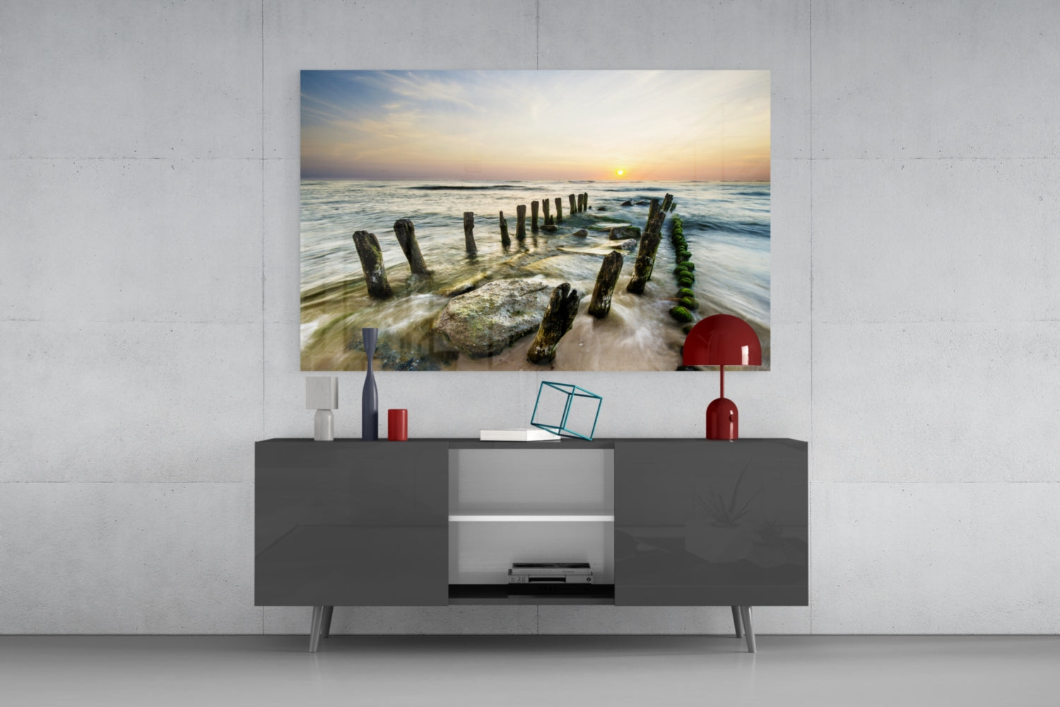 Weathered Groyne Posts Seascape Glass Wall Art