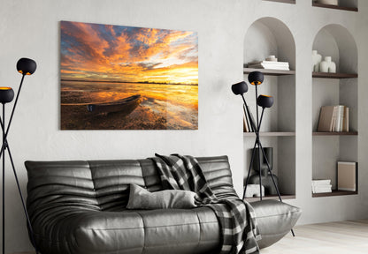 Golden Sunset Lake Boat Glass Wall Art