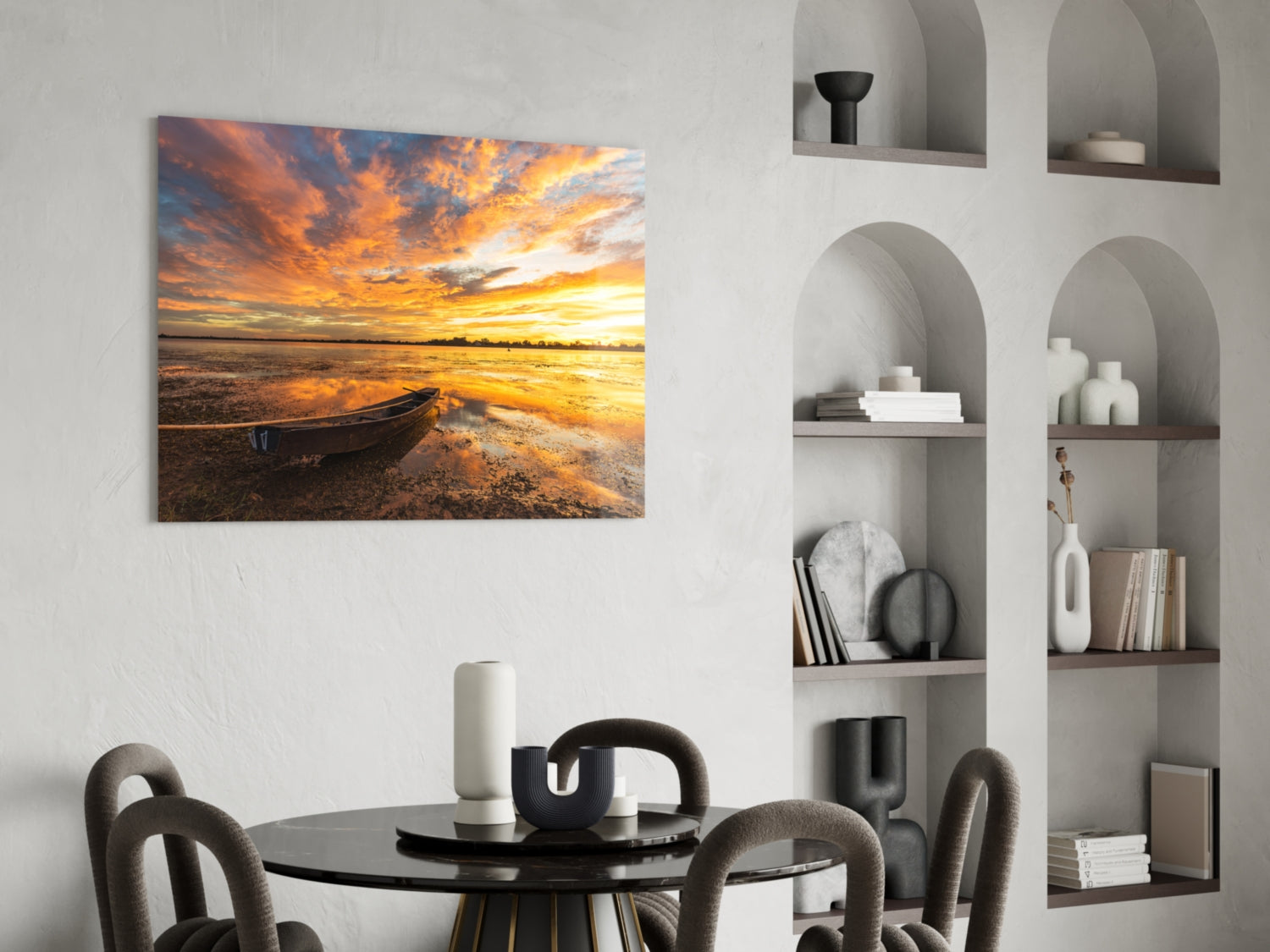 Golden Sunset Lake Boat Glass Wall Art