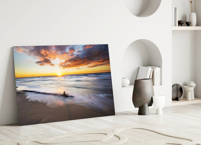 Driftwood Beach Sunset Glass Wall Art