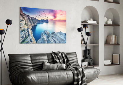 Birds Over Pink Sunset Sea Cliffs Glass Wall Art