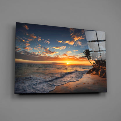 Golden Sunset Shoreline Palm Trees Glass Wall Art