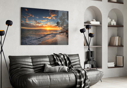 Golden Sunset Shoreline Palm Trees Glass Wall Art