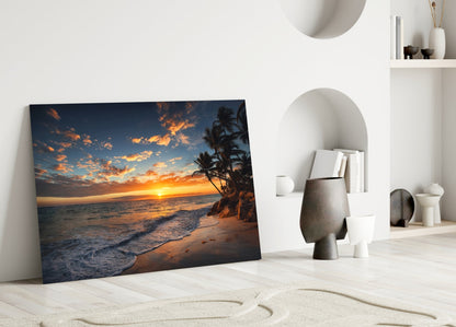 Golden Sunset Shoreline Palm Trees Glass Wall Art