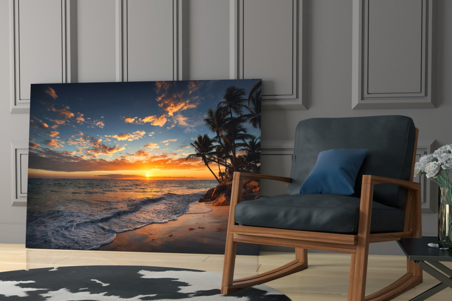 Golden Sunset Shoreline Palm Trees Glass Wall Art