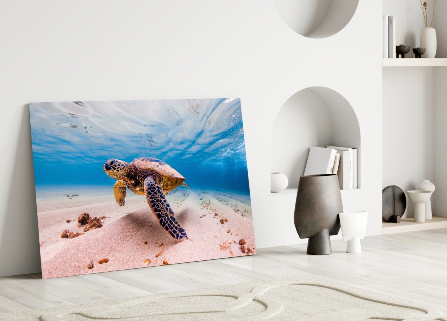 Sea Turtle Gliding Over White Sand Glass Wall Art