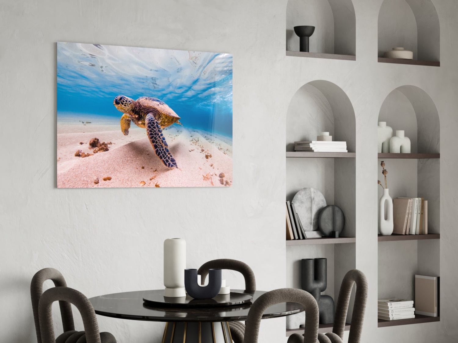 Sea Turtle Gliding Over White Sand Glass Wall Art