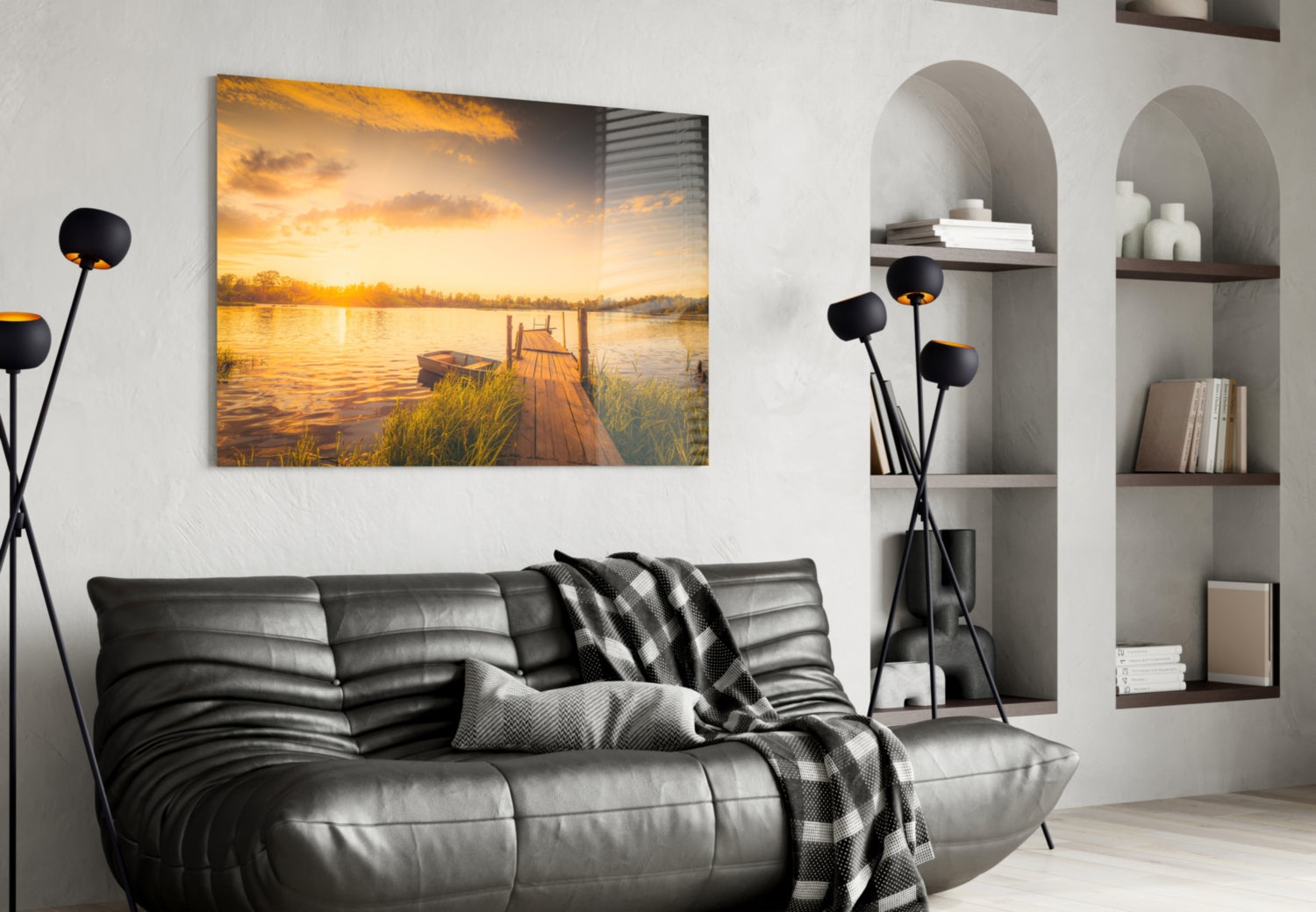 Sunset Rowboat Grassy Dock Glass Wall Art