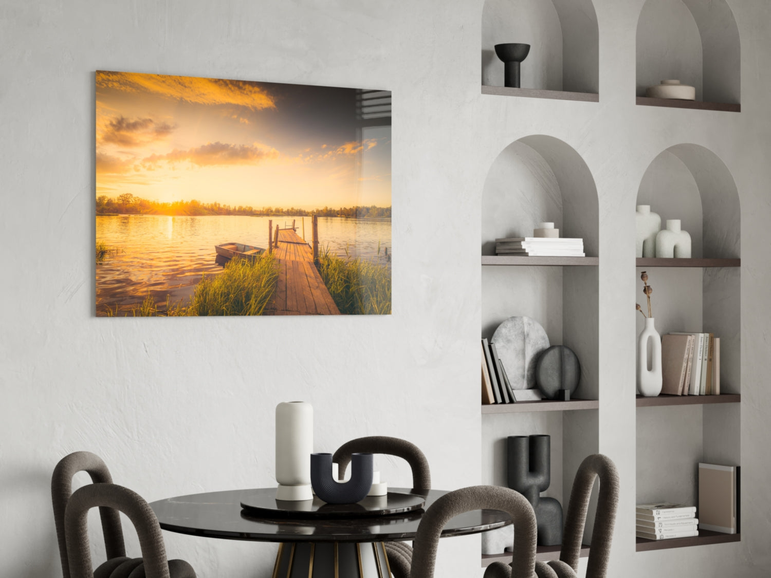 Sunset Rowboat Grassy Dock Glass Wall Art