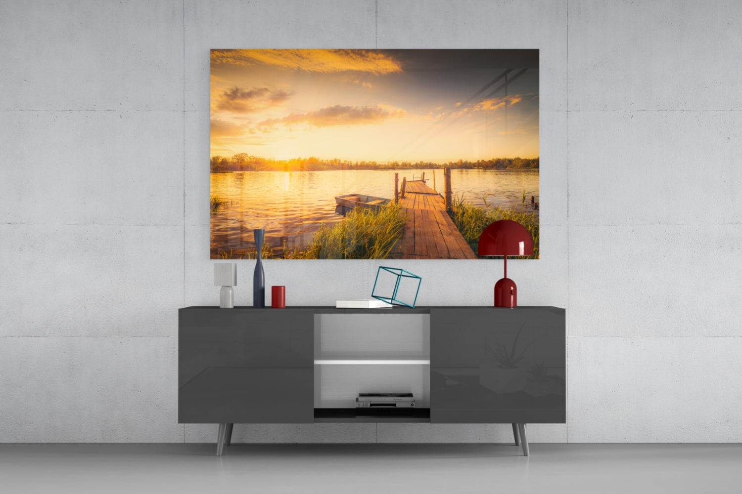 Sunset Rowboat Grassy Dock Glass Wall Art