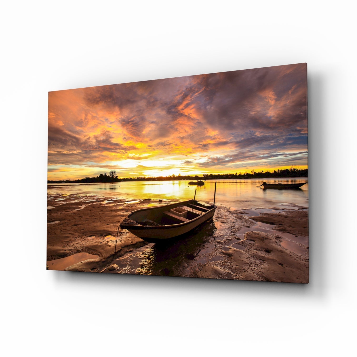 Purple Sunset Lake Boat Glass Wall Art