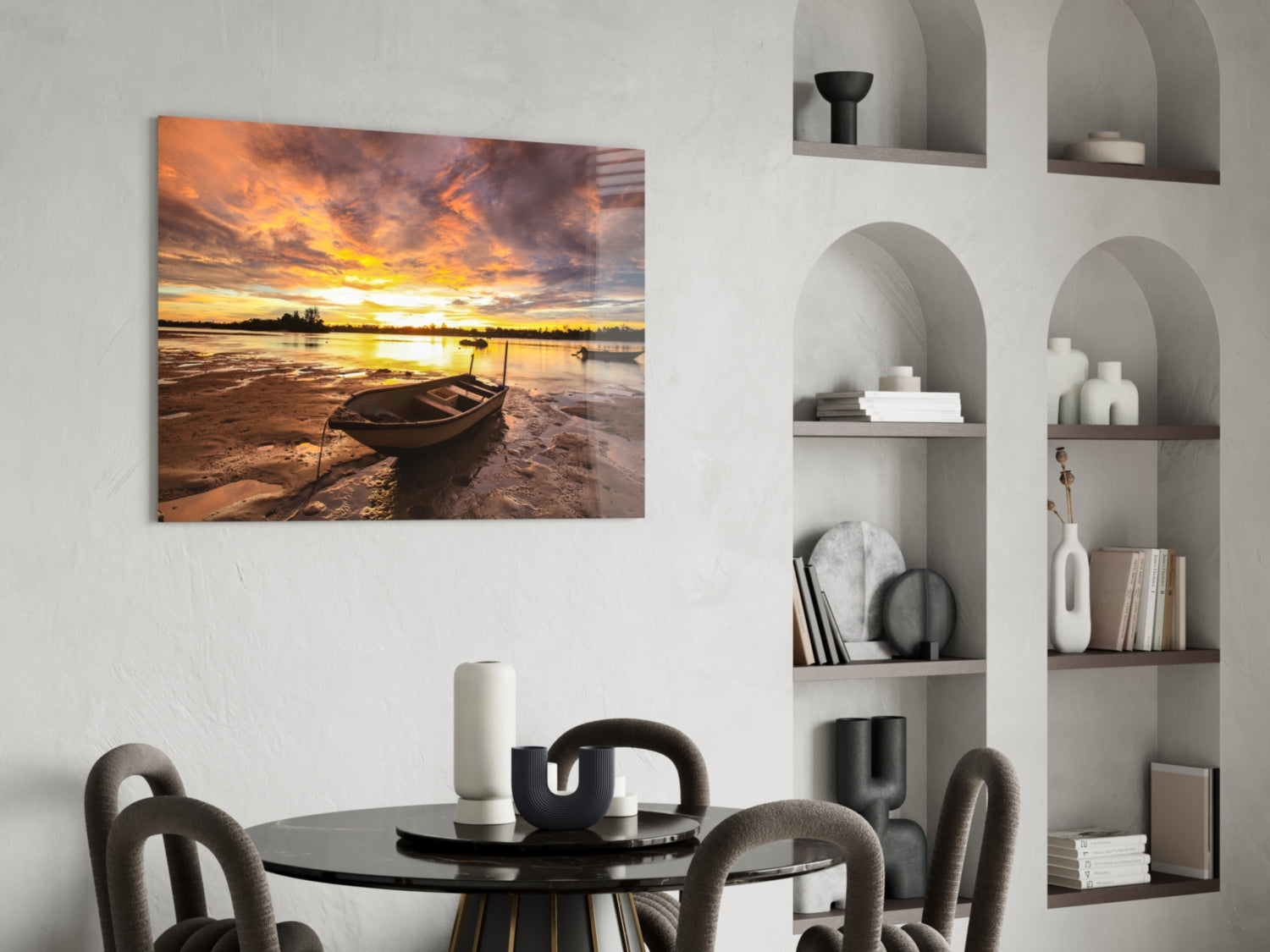 Purple Sunset Lake Boat Glass Wall Art