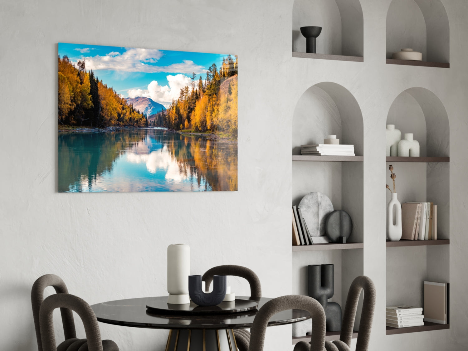 Autumn River Mountain Reflection Glass Wall Art