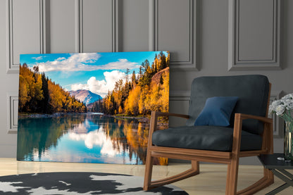 Autumn River Mountain Reflection Glass Wall Art