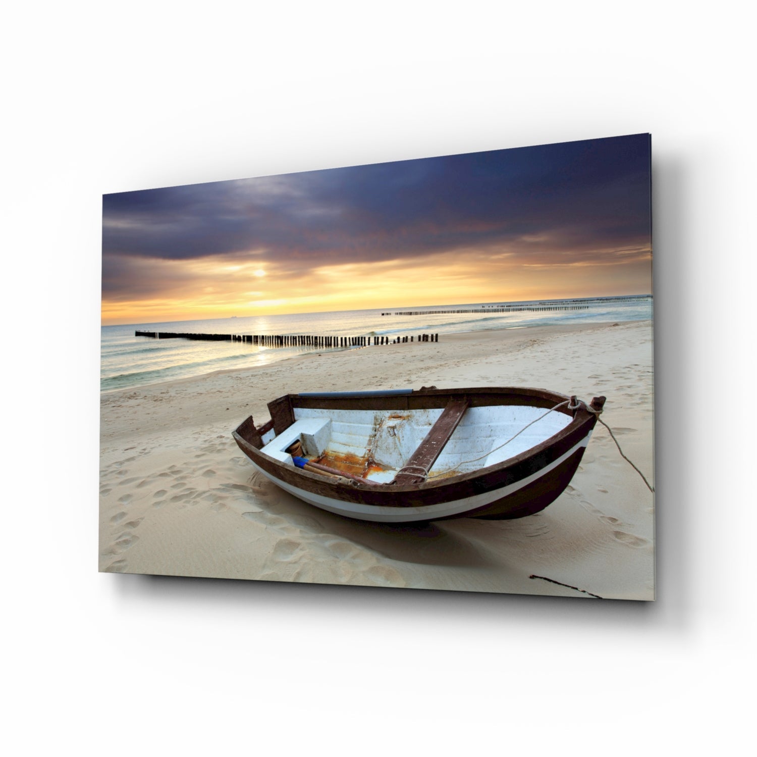 Wooden Rowboat Dramatic Sunset Beach Glass Wall Art