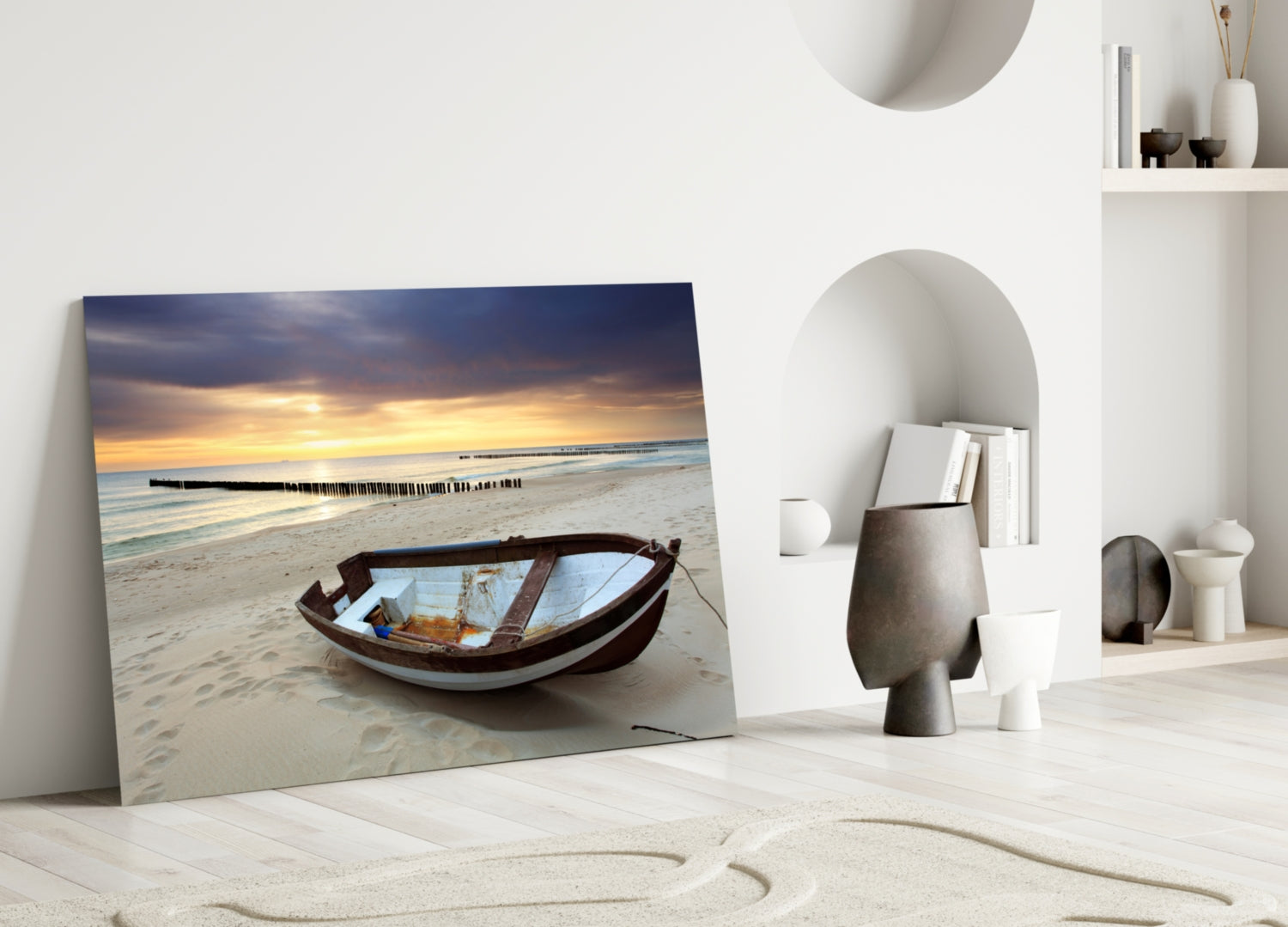 Wooden Rowboat Dramatic Sunset Beach Glass Wall Art